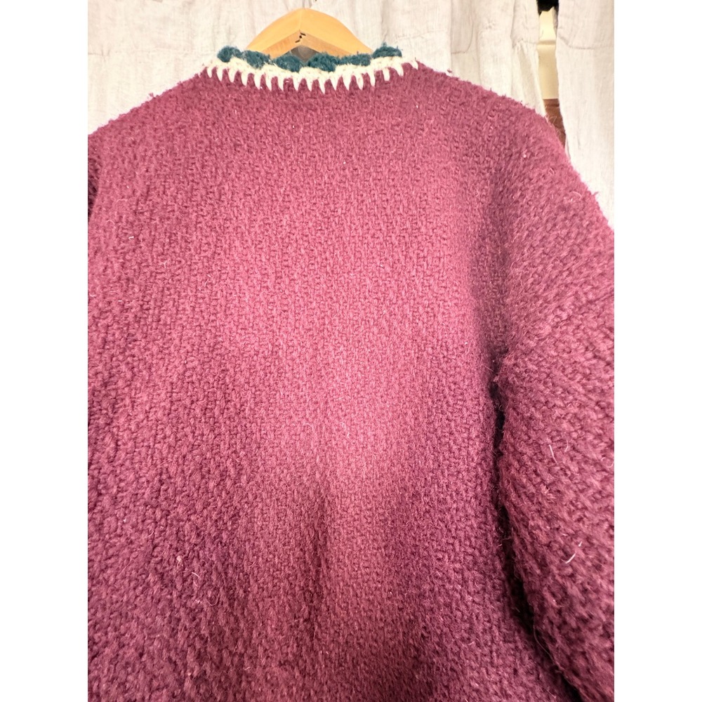 Vintage Burgundy Chunky Knit Cardigan Crochet Trim Wood Button Sweater XL - Picture 4 of 11